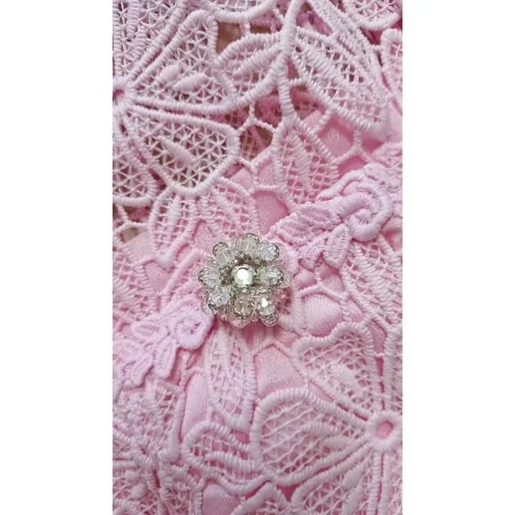 Women's Embroidery Sleeveless Lace Hollow Out Mini Dress Short Skirt Pink Size L - Picture 5 of 9